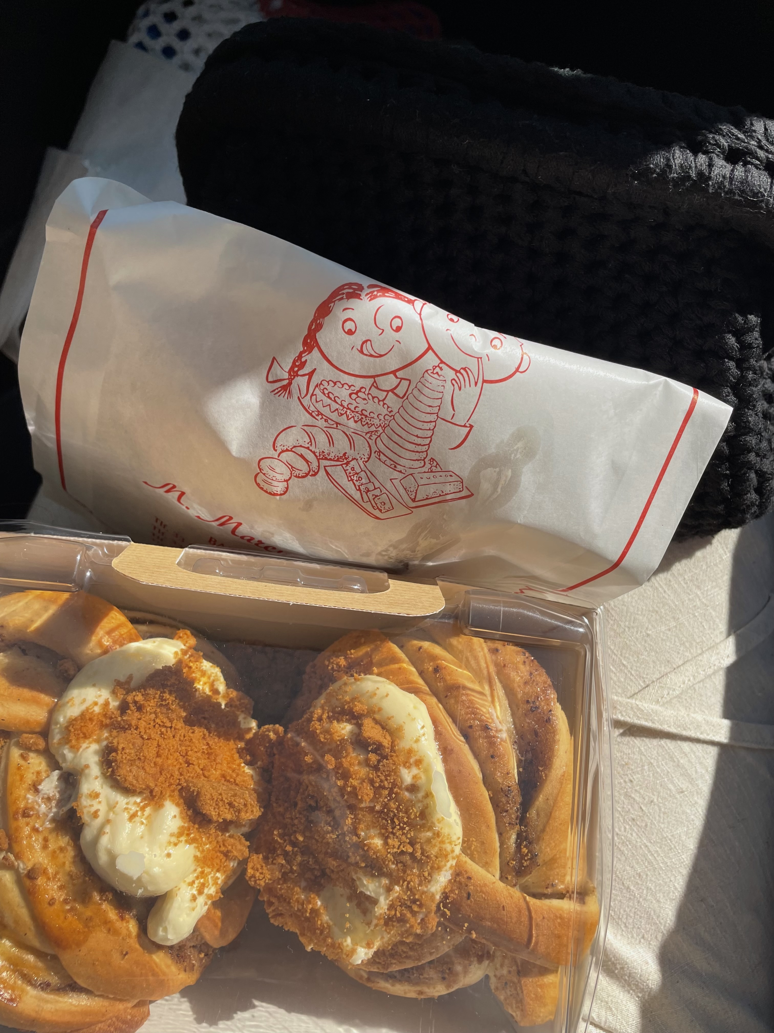 Freshly baked buns in a bakery box