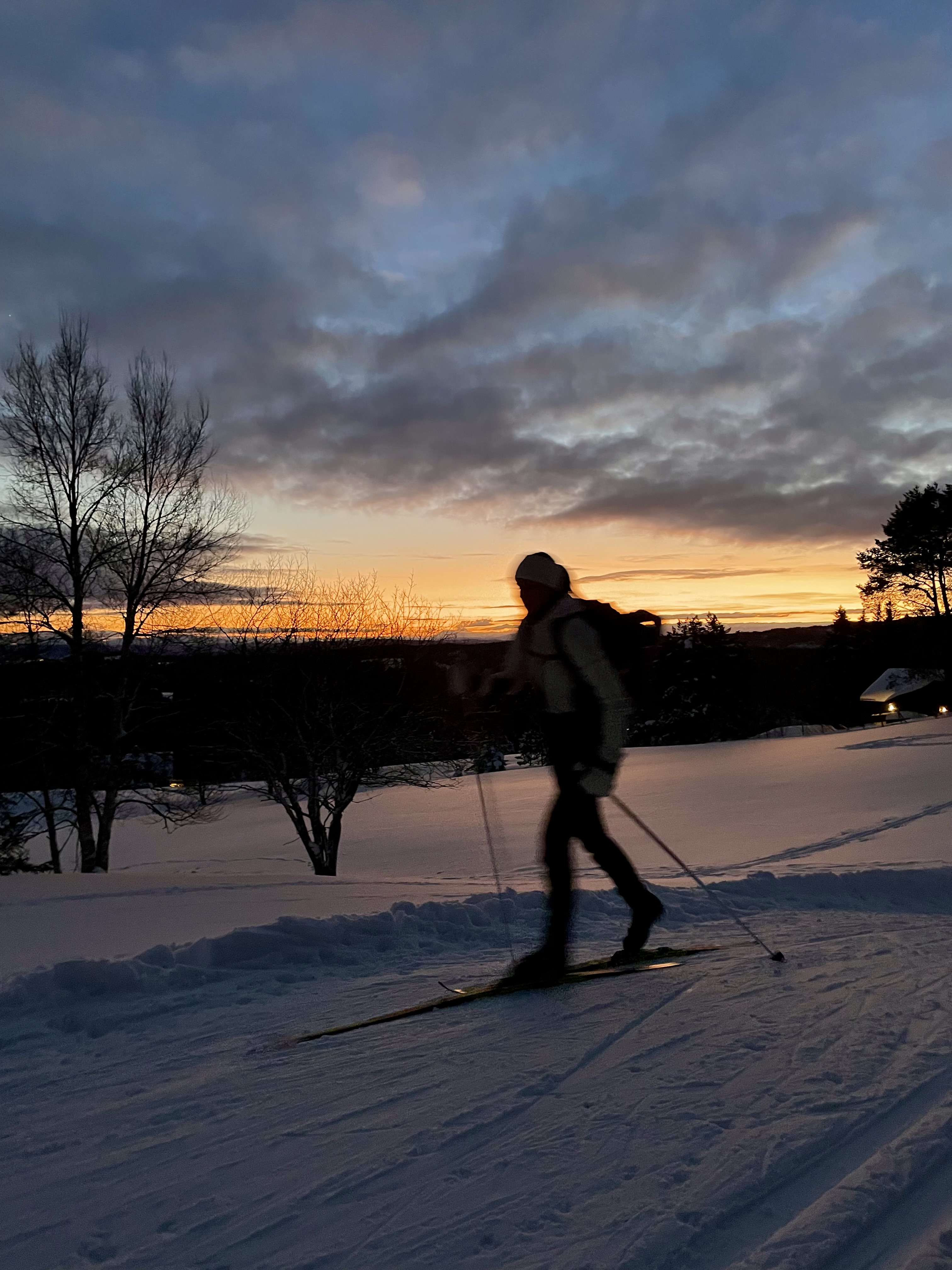 A cross-country skier against a sunset sky